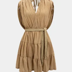 V-Neck Belted Ruched Tie-Up Sleeveless Mini Dress