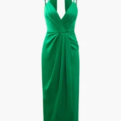 V-neck Satin Pleated Dress With Neck Scarf