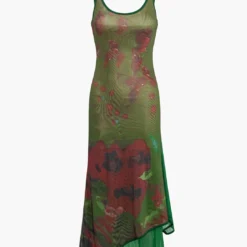 Floral Print Mesh Layer Slip Midi Dress