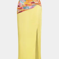Ombre Print Chiffon Satin Ruched Twist Knot Slit Skirt