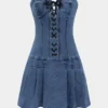 Denim Tie-Front Bustier Zipper Sleeveless Dress