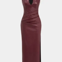 Faux Leather V-neck Ruched Maxi Dress