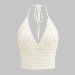 Knit V-Neck Halter Hollow Out Backless Tank Top