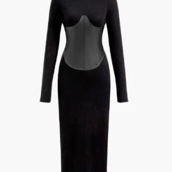 Solid Faux Leather Patchwork Midi Dress