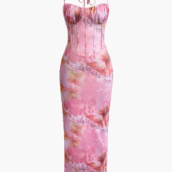 Floral Print Halter Slit Corset Midi Dress