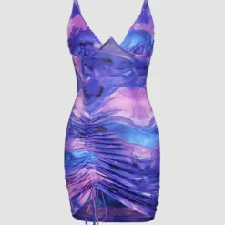 Abstarct Print Drawstring Ruched Mini Dress