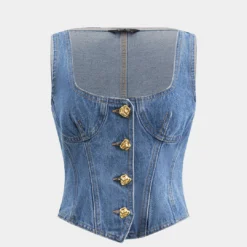 Denim Button Bustier Square Neck Crop Top