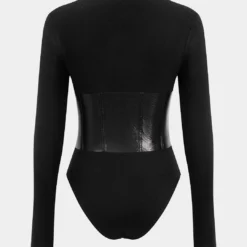 Patchwork Faux Leather Long Sleeve Bodysuit -Women's Clothing Store 42d4dd32 165a 4aaa ac51 e16093029c9f