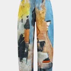 Abstract Print Button Wide Leg Trousers