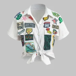 Print Knot Front Cropped Shirt