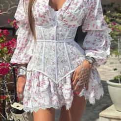 Ditsy Floral Print Lace Trim Corset Long Sleeve Mini Dress -Women's Clothing Store 43cf4a4f 6edb 4602 a0d3 2eca69eea33e
