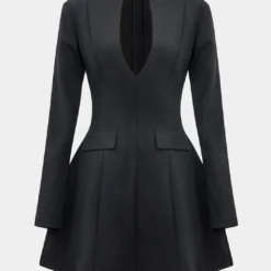 Solid V-neck Fake Pockets And Zipper Mini Dress