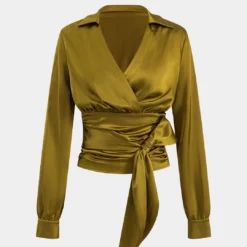 Satin Ruched Tie Front Long-Sleeve Shirt