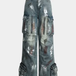 Graffiti Denim Washed Button Pocket Zipper Wide Leg Jeans