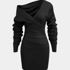 Asymmetric Faux Leather V-neck Gathered Mini Dress