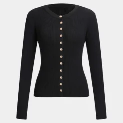 Knit Button Metallic Long-Sleeve Top