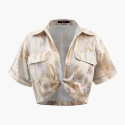 Marble Print Twist Hem Crop Shirt