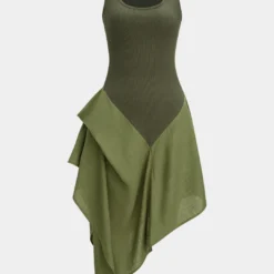 Linen Patchwork Ruched Asymmetrical Sleeveless Maxi Dress