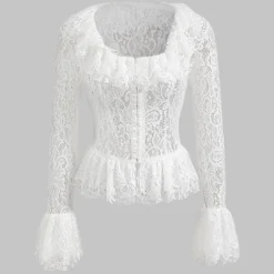Lace Ruffle Square Neck Bell Sleeve Shirt