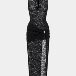 Lace Metallic Ruched Cut Out Zipper Slit Maxi Dress
