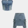 Washed Denim Zipper Tube Top And Pocket Skirt Set