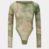 Marble Print Mesh Long Sleeve Bodysuit
