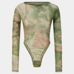 Marble Print Mesh Long Sleeve Bodysuit