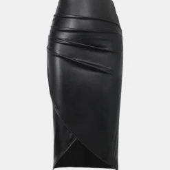 Faux Leather Wrap Ruched Midi Skirt