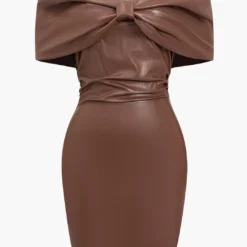 Solid Bow Faux Leather Off Shoulder Mini Dress