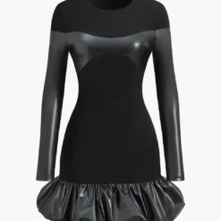 Faux Leather Round Neck Patchwork Mini Dress