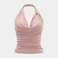 Metallic Decor Cowl Neck Halter Ruched Backless Cami Top