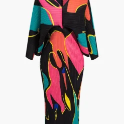Color Block Print Pleated V-Neck Batwing Sleeves Maxi Dress
