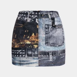 Printed Denim High Waist Pocket Skirt