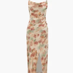 Floral Print Satin Wrap Slit Midi Dress