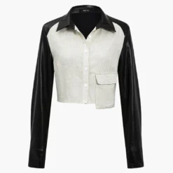 Solid Asymmetrical Faux Leather Patchwork Pocket Long-Sleeve Shirt