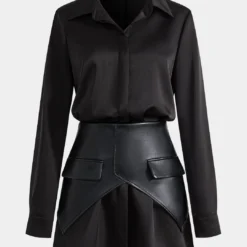 Satin Faux Leather Pocket Button Zipper Long Sleeve Mini Dress