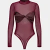 Faux Leather Mesh Patchwork Twist Knot Long Sleeve Bodysuit