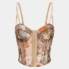 Retro Print Mesh Bustier Corset Cami Top