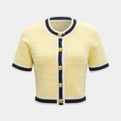 Knit Stripes Print Contrast Button Short-Sleeve Top