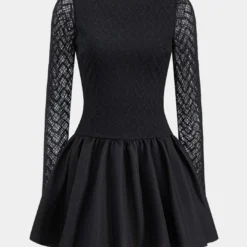 Ruched Zipper Puff Hem Long Sleeve Mini Dress