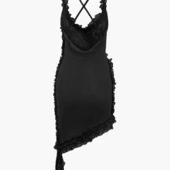 Sheer Mesh Ruffle Trim Asymmetrical Cross Backless Mini Dress -Women's Clothing Store 5051f871 4a1a 49bf 9b0f 3690dfa5b5ba