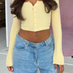 Knit Button Square Neck Bell Sleeve Top -Women's Clothing Store 512386c4 61be 4f26 8195 26f36eb05d33