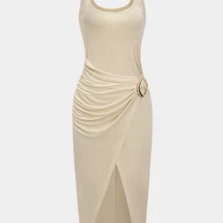 Metallic Ruched Asymmetrical Sleeveless Midi Dress