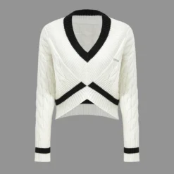 Knit V-Neck Patchwork Long-Sleeve Top