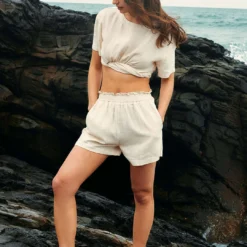 Linen Crop Short Sleeve Shirt -Women's Clothing Store 530cced2 e438 4934 b039 9bb48e3f4fc1