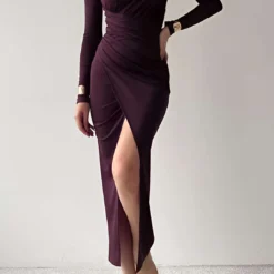 Solid Asymmetrical Ruched Slit Long-Sleeve Maxi Dress