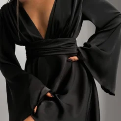 Solid Bell Sleeves Cut Out Mini Dress