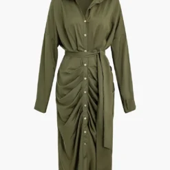 Solid Button Long Sleeve Midi Dress