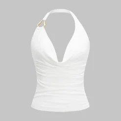 Metallic Decor Backless Cowl Neck Halter Tank Top