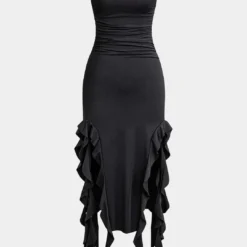 Solid Ruffle Hem Ruched Tube Maxi Dress